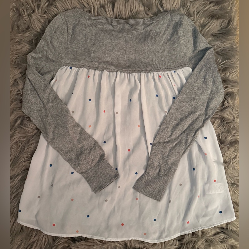 Ann Taylor LOFT Gray Sweater with White Back Panel and Polka Dots